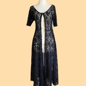 Vintage grunge black button up midi lace dress